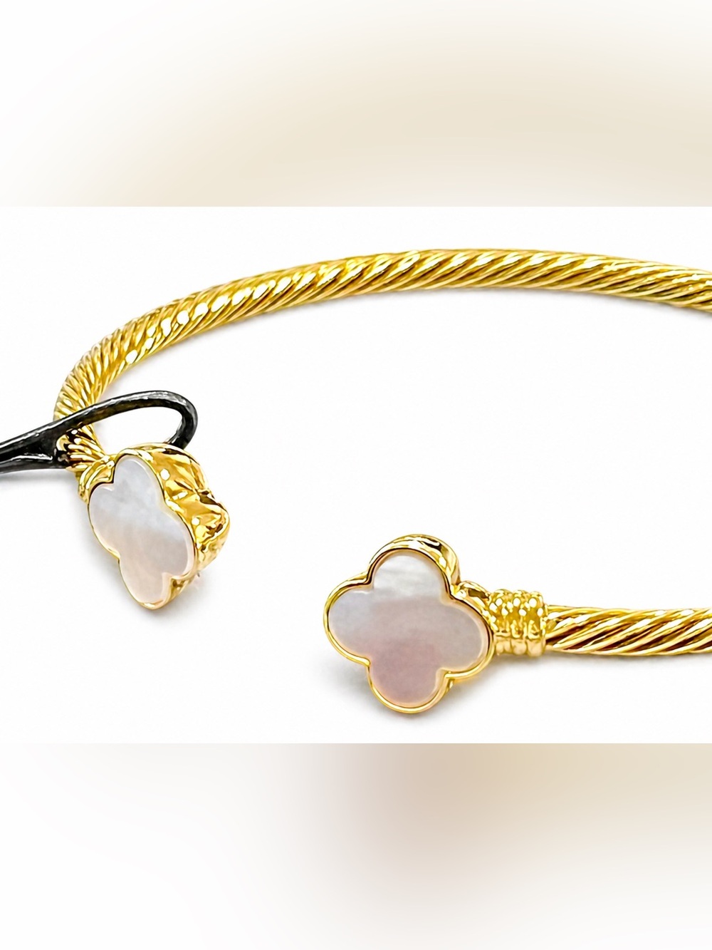 Gold-Tone Mother of Pearl Clover Open Bangle Bracelet - Gold - Picture 4 of 4